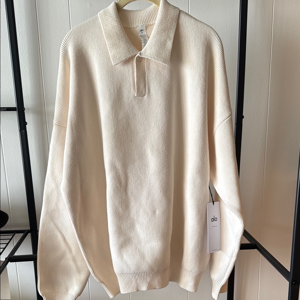 ALO Yoga Cream Knit Polo Sweater Relaxed Fit